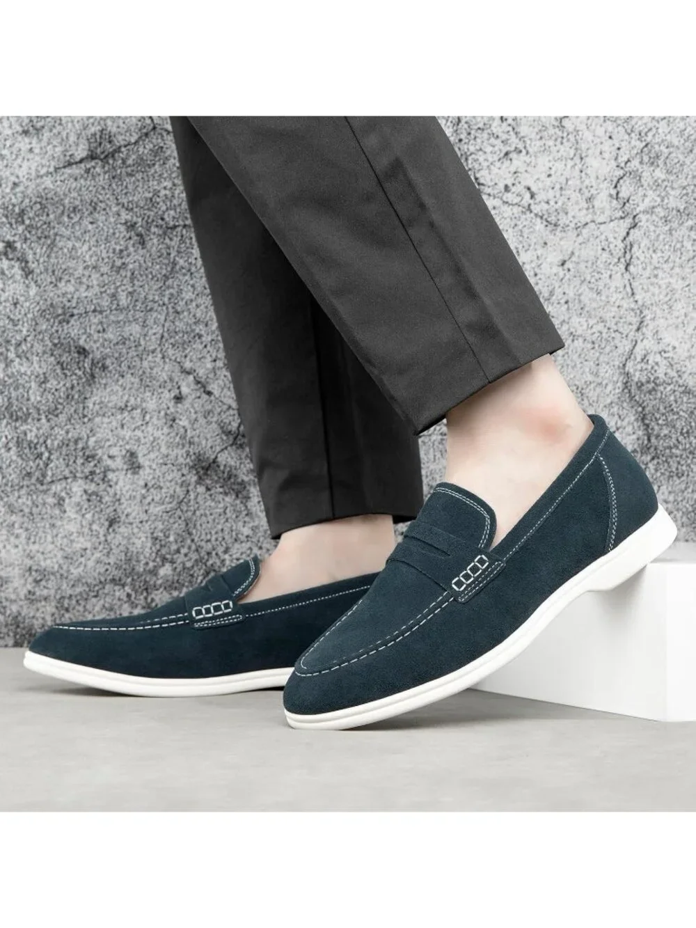 🆕Men Dark Blue Leather Loafers Slip-On Moccasins Suede Dress Shoes Lightweight